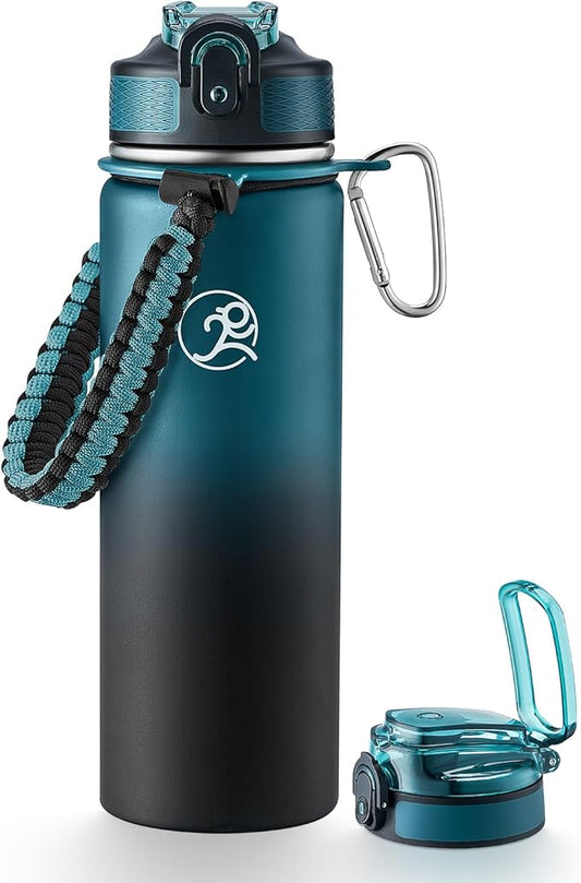 GOSWAG Insulated Sports Water Bottle, 24oz 2 Lids(with Straw/No Straw), Stainless Steel Water Bottles with Paracord Handle, Insulated Thermos with Double-Wall Vacuum Insulation