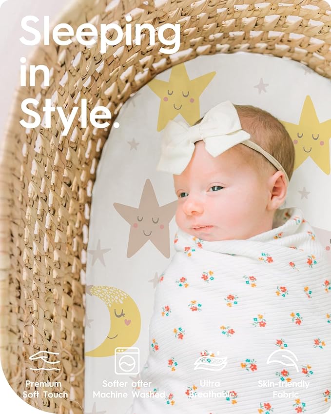 Bassinet Sheets for Baby Boy Girl, TotBasic Buttery Soft Universal Bassinet Fitted Sheet, Compatible with Halo, Mika Micky, Baby Delight, Dream On Me, Maxi COSI and More Bassinet Mattress(Smilingstar)