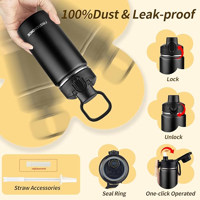 Kids Insulated Water Bottle with Straw,14oz Stainless Steel Water Bottle,BPA-free and Leak-proof,Double Wall Vacuum Water Flask for School,Gifts for Boys and Girls（14oz,Black）