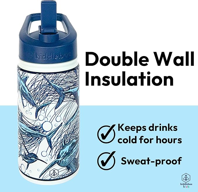 Biddlebee Kids Water Bottle with Straw Lid | 14oz Insulated Stainless Steel Reusable Bottles for School | Leak Proof Cap with Handle & Touch Free Spout | Great for Boys & Girls (Sharks)