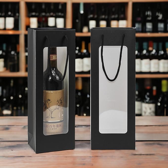 Ssyuysto 12 Pcs Black Wine Gift Bag with Window 4.9" x 3.34" x 14.1" Kraft Paper Wine Bags with Windows Flower Wrapping Bag Transparent Window Bags for Birthday Wedding Party Gift (Black)