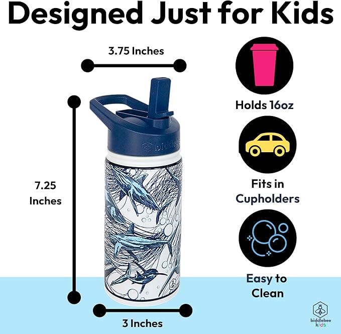 Biddlebee Kids Water Bottle with Straw Lid | 14oz Insulated Stainless Steel Reusable Bottles for School | Leak Proof Cap with Handle & Touch Free Spout | Great for Boys & Girls (Sharks)