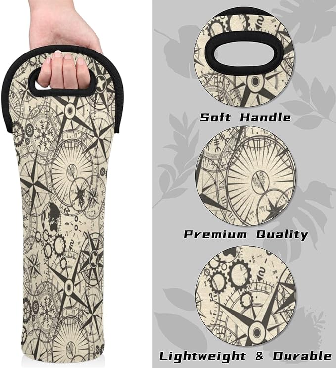 Compass Old Signs Single Bottle Wine Gift Tote Carrier Neoprene Wine Tote Bags Holder Cooler Wine Lover Gift