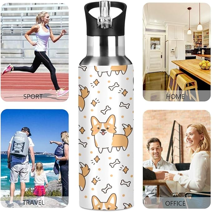 Cute Welsh Corgi Stainless Steel Water Bottle with Straw, BPA Free Reusable Leakproof Water Jug for Fitness Camping Outdoor Sports