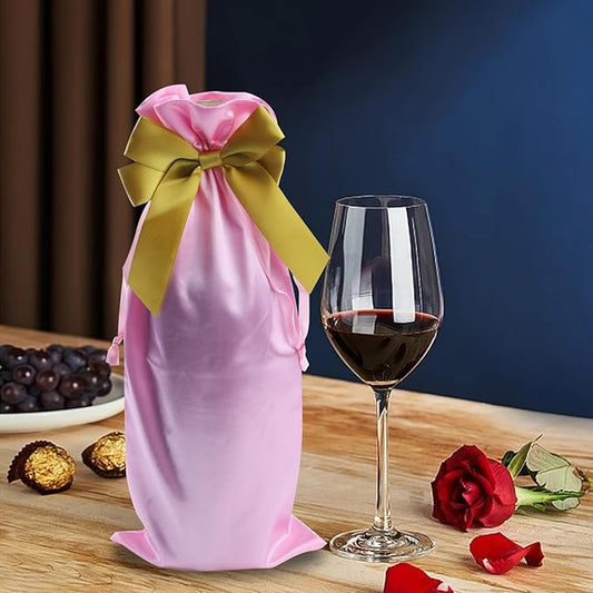 HEVSTIL 10Pcs Satin Wine Bags Wine Gift Bags with Decorative Bows,Wine Bottle Bags Reusable Wine Bottle Covers for Christmas, Wedding, Birthday, Travel, Holiday Party,Housewarming Gifts,Pink