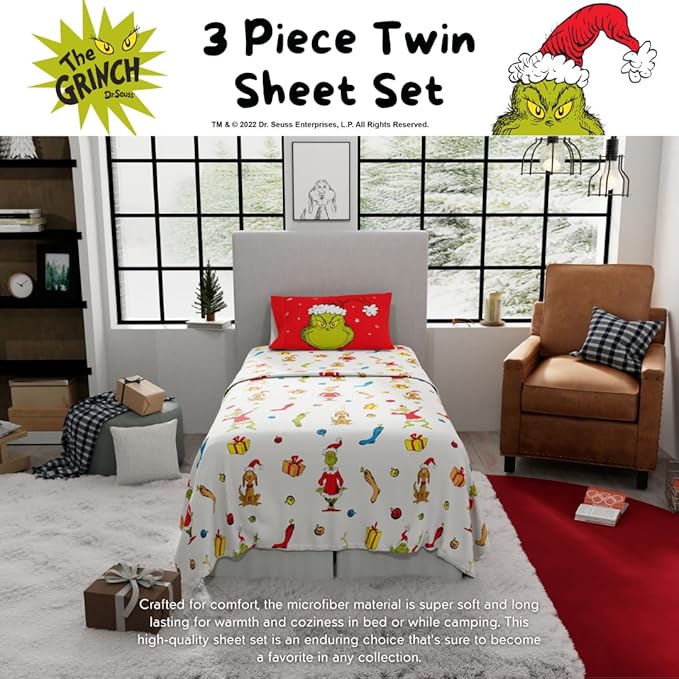 Franco Collectibles Dr. Seuss The Grinch Holiday & Christmas Bedding Super Soft Microfiber 3 Piece Twin Sheet Set, (Officially Licensed Product)