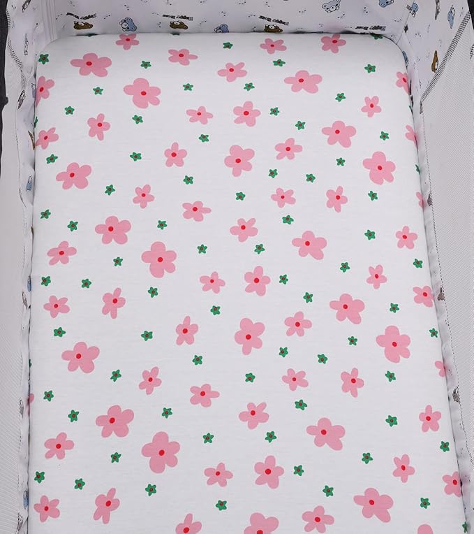 Bassinet Sheets Compatible with Baby Delight Beside Me Dreamer Bassinet, 2 Pack, 100% Jersey Knit Cotton 190GSM, Ultra Soft Breathable, Floral and Pink