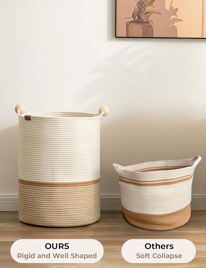 StorageWorks 72L Cotton Rope Laundry Basket with Wooden Beads Handles, Woven Basket for Storage, Dirty Clothes, Kids Toys, Towels, White & Khaki
