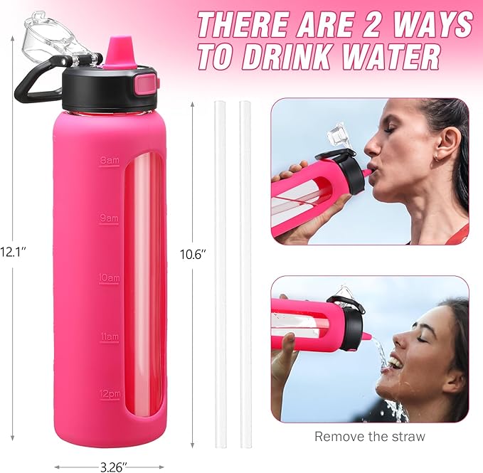 Kodrine 32 oz Glass Water Bottle with Soft Silicone Spout, Locking Lid, and Carry Loop, Rose Red