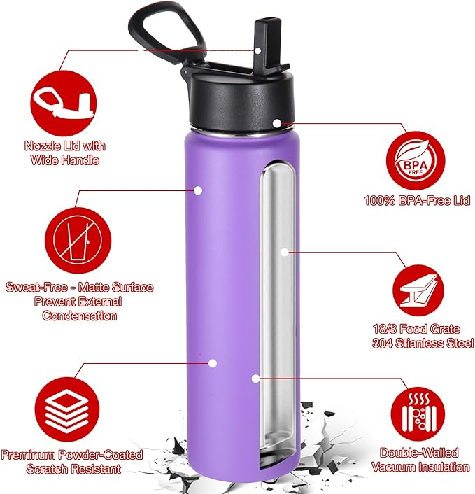 Volhoply 24 Ounce Insulated Water Bottle With Straw Lid,Stainless Steel Wide Mouth Sport Bottles With Handle,Double Wall Vacuum Thermos keep Cold,Reusable Travel Thermal Cups For Holder,Gym(Purple,1)