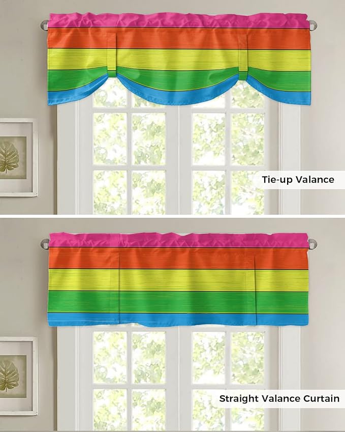Farmhouse Blackout Tie Up Valance Curtains for Kitchen Windows,Rainbow Retro Rustic Barn Wood Texture Window Toppers Balloon Shades for Living Room/Bathroom/Bedroom,1 Panel,60" X 18" -1 Panel