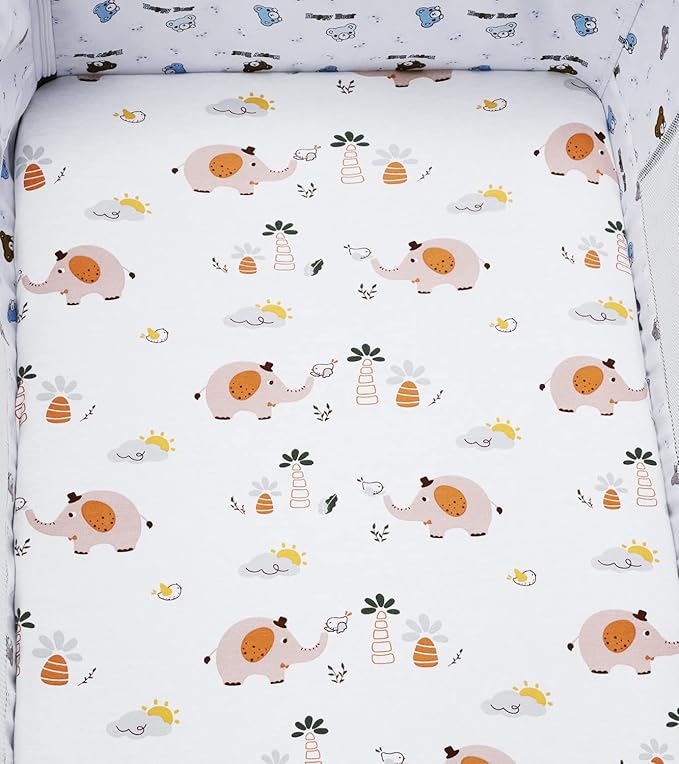 Bassinet Sheets Compatible with Fisher-Price Soothing Motions/Luminate Bassinet & Chicco LullaGo Anywhere Portable Bassinet, 2 Pack Fitted Sheets, 100% Jersey Knit Cotton 190GSM, Fox Deer and Elephant