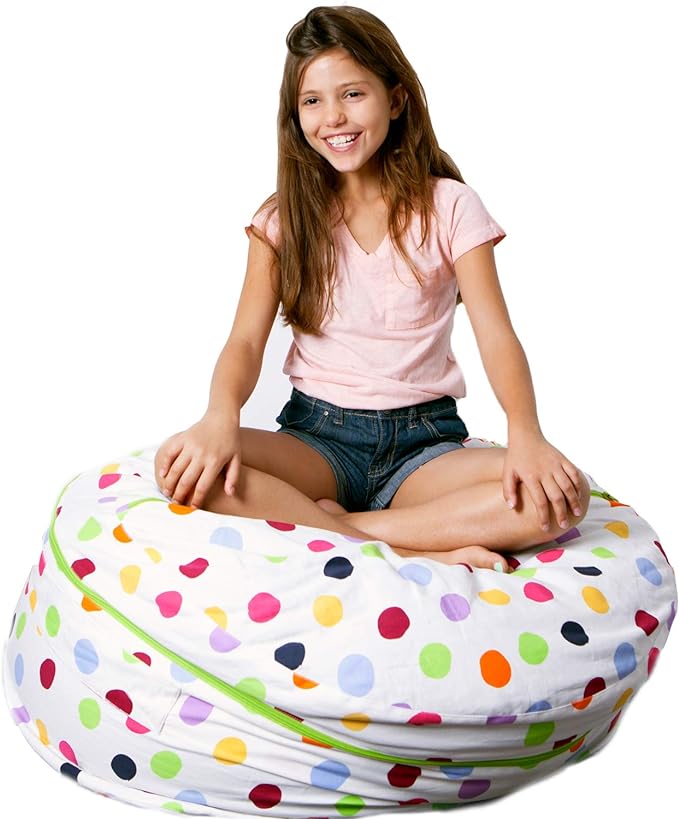 2 Sizes in 1 Stuffed Animal Storage Bean Bag Chair Cover for Kids & Adults | Washable XL Stuffie Seat | 100% Cotton | Pouf Organizer for Plush Toys, Linens, Quilts & Pillows | Polka Dots