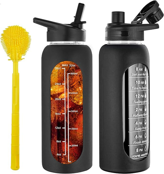 SIEROZUR 32 oz Glass Water Bottle with Straw and Handle Large Sports Motivational Water Bottle with Time Marker and 2 Lids, Leakproof Reusable Water Jug with Silicone Sleeve for Gym