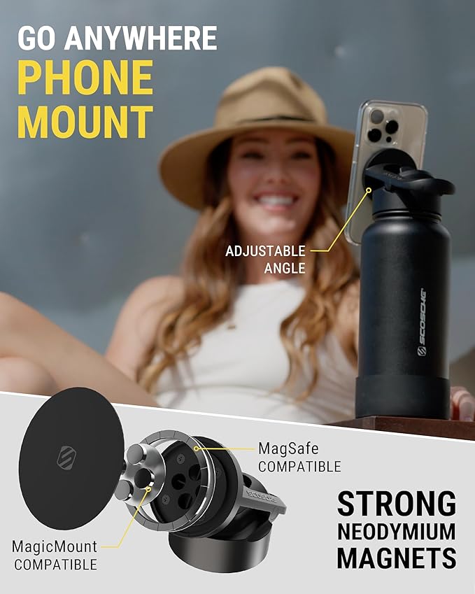 Scosche MFMS22 MagicMount Flask 22oz Stainless Steel Hot & Cold Insulated Sport Water Bottle w/Magnetic Mount Tripod Phone Stand Compatible w/MagSafe iPhone for Cup Holder/Gym/Men/Women/Travel/Black