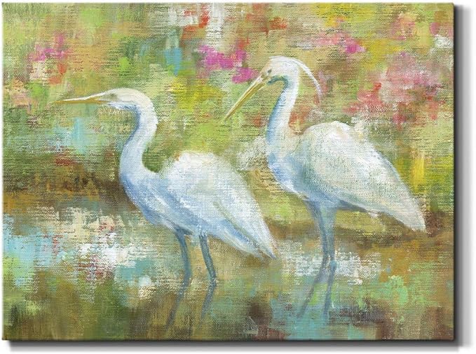 Renditions Gallery Canvas Nature Wall Art Modern Paintings Decorations Elegant White Egrets Abstract Multicolored Bontanical Wall Hanging Artwork for Bedroom Office Kitchen - 24"x36" LT33