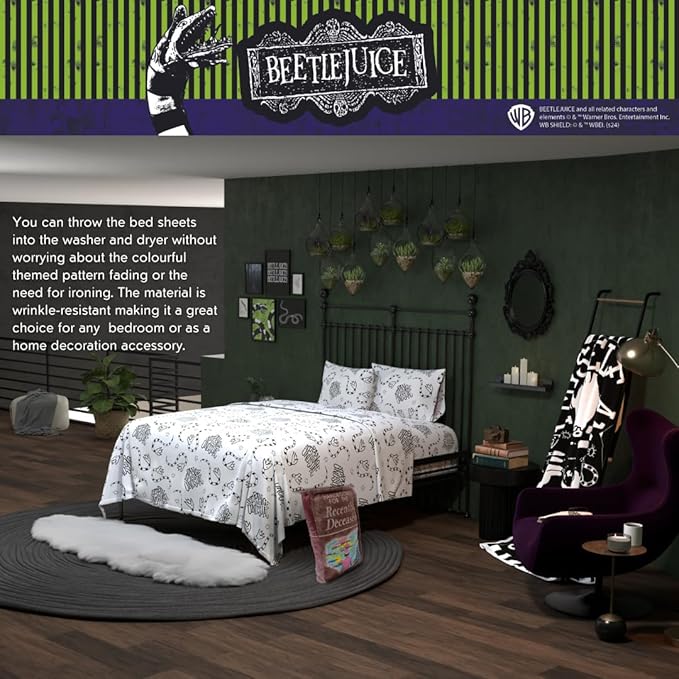 Franco Collectibles Beetlejuice Bedding Super Soft Microfiber Full Sheet Set, College Dorm Essentials, (Officially Licensed Product)