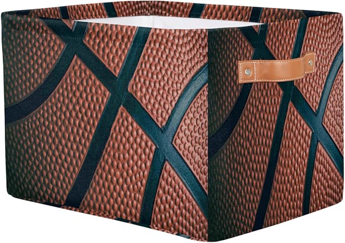 Basketball Storage Basket Collapsible Rectangular Storage Bin Large Fabric Storage Boxes Organizer 1Pc with Leather Handles for Clothes Toys Books Kitchen Laundry
