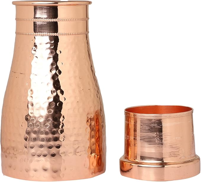 AAYUVEDA® Hammered Pure Copper Bedroom Water Bottle 34oz, with In-Built Tumbler (Loose Lid, Pack of 1)