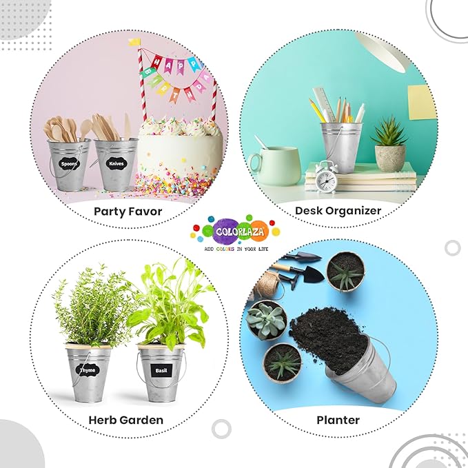 Galvanized Metal Bucket with Handle 12 Pcs- Metal Buckets for Party, Tin Buckets with erasable Stickers and Chalk Marker Silver Bucket 4.7" W x 5" H x 2.7" L