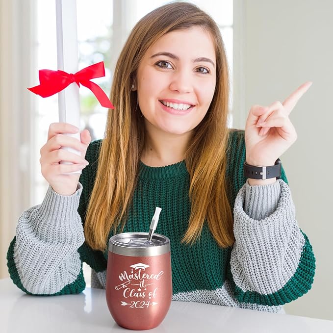 Lifecapido Graduation Gifts, Mastered it Class of 2024 12oz Wine Tumbler with Keychain, 2024 High School College Masters Degree PHD Graduation Gifts for Her Graduates Friends Classmates, Rose Gold