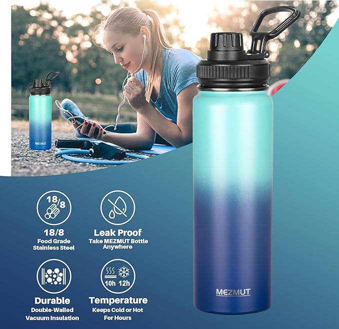 Insulated Water Bottle 24oz Stainless Steel Water Bottles with Straw&3 Lids Sports Metal Water Bottle Thermos Cup Double Walled Vacuum Insulated Bottles Leak-Proof Travel (Gradient Blue)