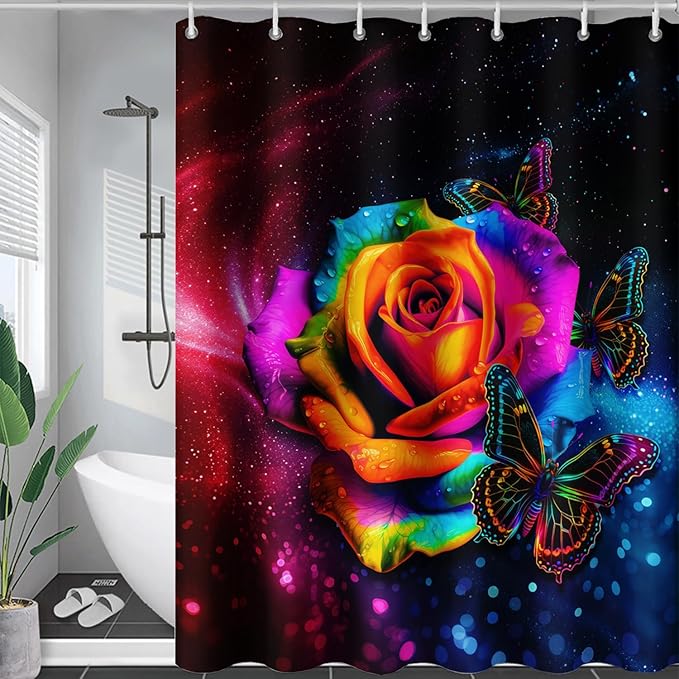 AILONEN Colorful Rose Shower Curtain for Bathroom Decor,Butterfly Galaxy Rose Flower Bath Curtain for Girls Women,Modern Romantic Curtain Waterproof with 12 Plastic Hooks, 72" W*84" H
