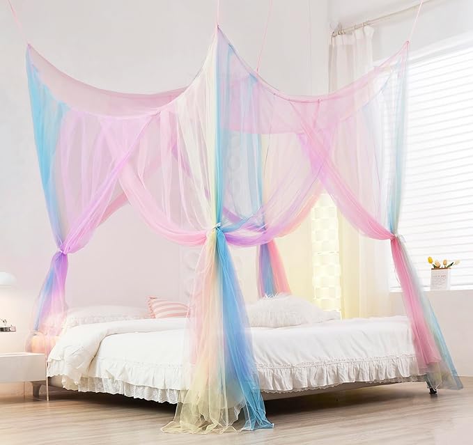 Mengersi Rainbow Canopy Bed Curtaina Mosquito Net for Bed Canopy, Four Corner Post Curtains Elegant Bed Netting, Screen Netting Canopy Curtains for Twin to Twin XL Size Bed