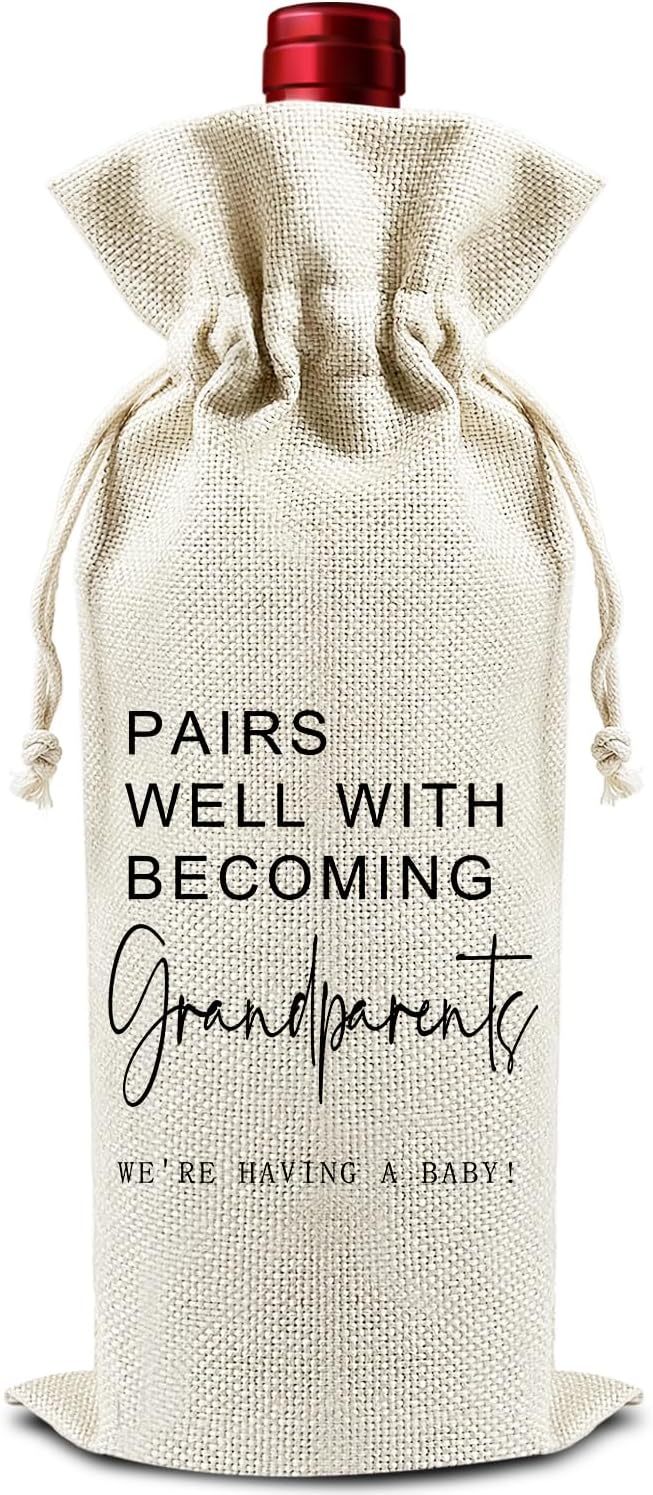 Pairs Well with Becoming Grandparents - Gifts for New Grandpa Grandma Wine Bags, 1 PC Reusable Drawstring Burlap Wine Bottle Bags, Baby Announcement Gifts for Mom Dad, Wine Accessories -10