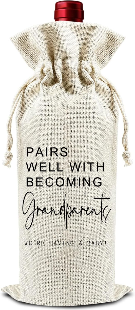 Pairs Well with Becoming Grandparents - Gifts for New Grandpa Grandma Wine Bags, 1 PC Reusable Drawstring Burlap Wine Bottle Bags, Baby Announcement Gifts for Mom Dad, Wine Accessories -10