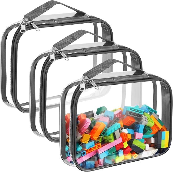 Sanwuta 3 Packs Toy Storage Bags with Zipper, Clear PVC Organizing Bags, Waterproof Toy Bags for Board Games, Building Blocks, Toys and Kids Books (Gray,12.6 x 9 x 2.36 Inch)
