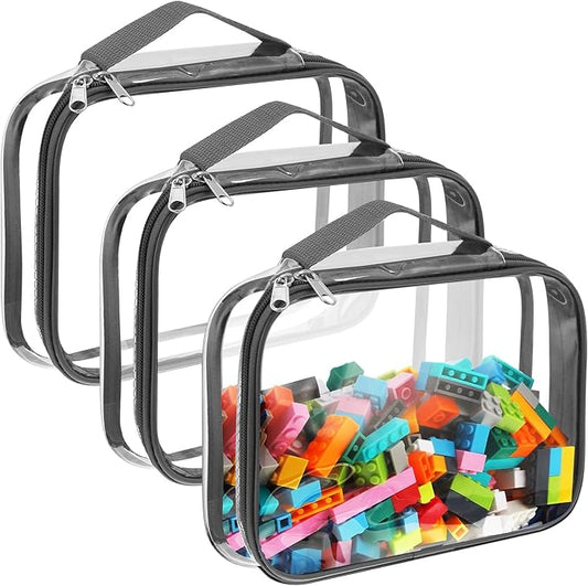 Sanwuta 3 Packs Toy Storage Bags with Zipper, Clear PVC Organizing Bags, Waterproof Toy Bags for Board Games, Building Blocks, Toys and Kids Books (Gray,12.6 x 9 x 2.36 Inch)