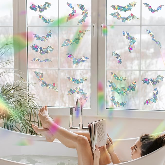 4Pcs Bat Window Stickers, Prism Color Window Decals to Prevent Bird Strikes Bird Window Strike Prevention Window Alert Decals for Birds Strikes, Anti Collision Window Stickers for Birds Window Decals