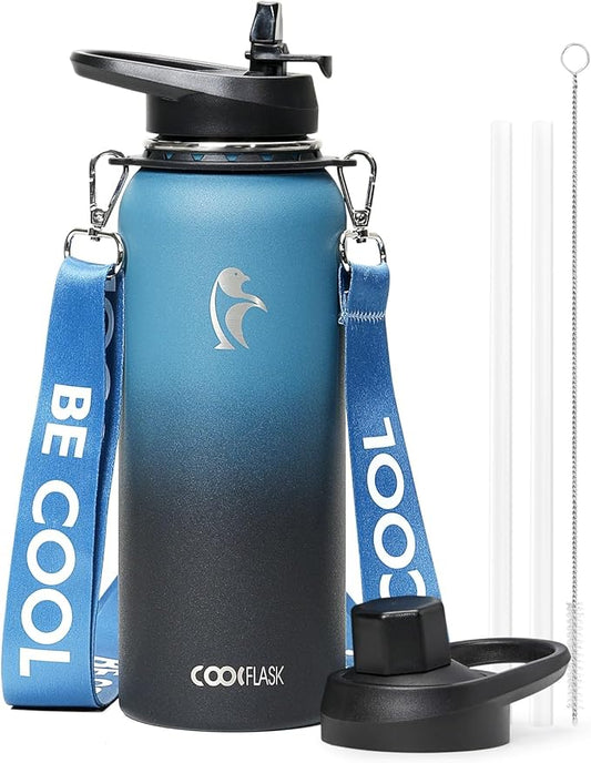 Coolflask Insulated Water Bottle with Strap, 40 oz Metal Water Flask with Straw & Spout Lids, Stainless Steel Double Wall Vacuum, Keep Cold 48h Hot 24h, Leak Proof & Non-BPA, Prussian Blue