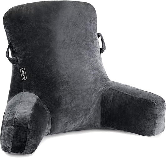 SLIGUY Reading Pillow Standard Bed Pillow for Sitting in Bed Couch or Floor-Backrest with Arms Support and Pockets, Adult Back Pillow Bed Chair for Bed Rest, Watching TV, Gaming, Dark Grey