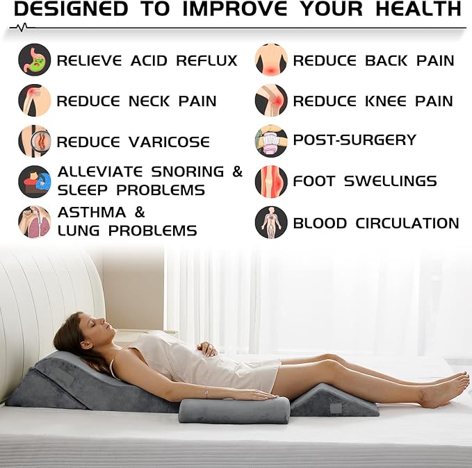 Qirroboni 4PCS Orthopedic Bed Wedge Pillow Set, Adjustable Pillows for Neck, Back and Leg Pain Relief Comfortable & Post Surgery Foam - Heartburn, Anti Snoring, Acid Reflux & GERD Sleeping Light Grey