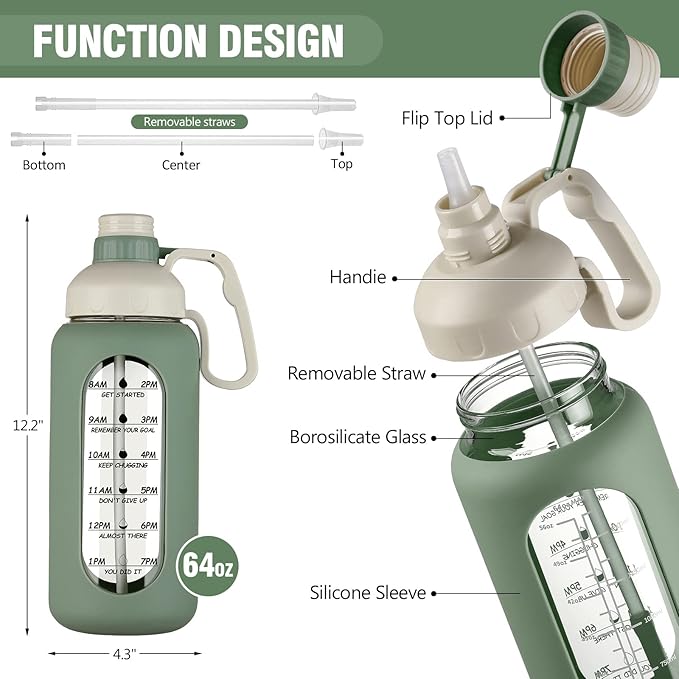 MUKOKO 64oz Glass Water Bottles with Straw, Half Gallon Water Bottle with Time Marker, Motivational Water Bottle with Silicone Sleeves,Large Glass Water Bottle for Gym,Working,Outdoor,Olive