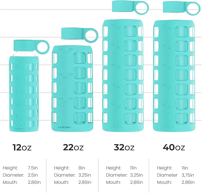 purifyou Premium 40/32 / 22/12 oz Glass Water Bottles with Volume & Times to Drink, Silicone Sleeve & Stainless Steel Lid Insert, Reusable Bottle for Fridge Water, Milk, Juice (12oz Aqua Blue)