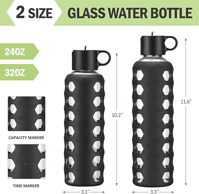 MUKOKO Glass Water Bottles, 24oz Glass Tumbler, Drinking Bottles with 2 Lids-Handle Flip Straw Lid&Bamboo Lid, Motivational Water Bottle with Time Marker and Silicone Sleeve, Leakproof-1 Pack-Black