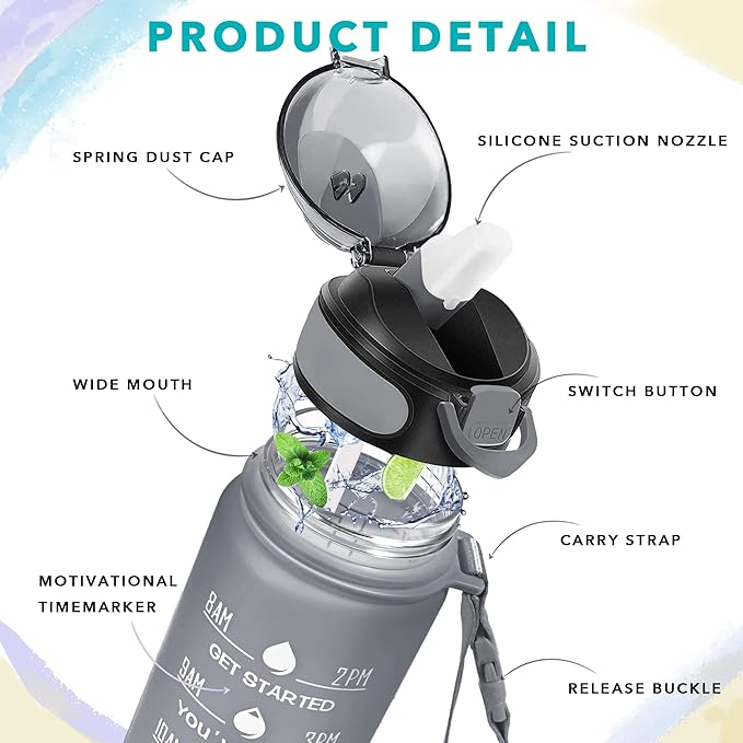 Enerbone 32 oz Drinking Water Bottle with Times to Drink and Straw, Motivational with Carrying Strap, Leakproof BPA & Toxic Free, Ensure You Drink Enough Water for Fitness Gym Outdoor