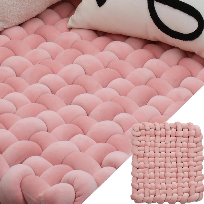 XHJRI Thickened Braided Knot Seat Mat, Knotted Floor Decorative Cushion, Handmade Baby Infant Playing Pad Nursery Rug (27.5 * 31.5 Inch,Rose Gold)