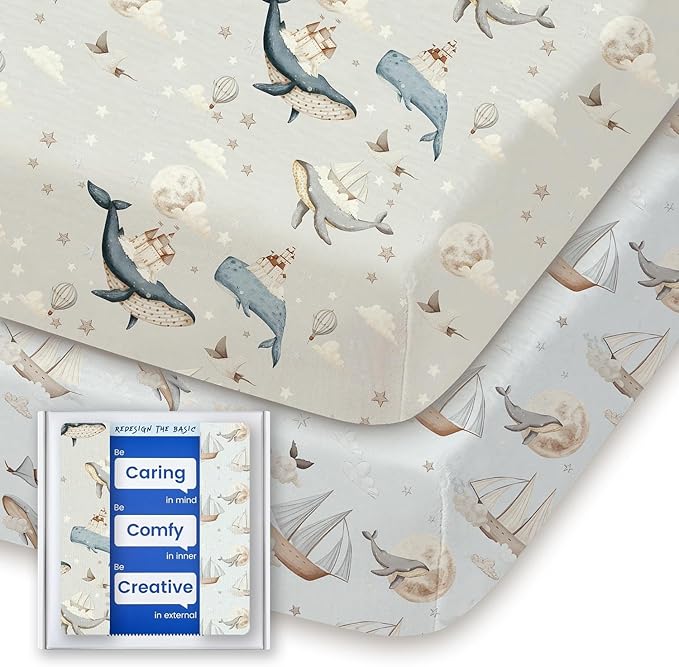 Graco Pack and Play Sheets Fitted, TotBasic Ultra Soft Mini Crib Sheets Boy, Neutral Pack N Play Mattress Sheets Hypoallergenic and Soothing, Premium Jersey Playrad Sheets, 2 Pack