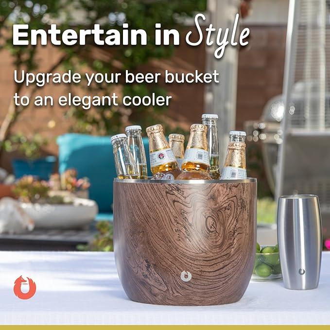 SNOWFOX XL Premium Vacuum Insulated Double Wall Stainless Steel Ice Bucket with Lid/Scoop, Bar Accessories, Large Elegant Party Bucket, Chill Several Bottles, Beautiful Entertaining, 7L, Dark Walnut