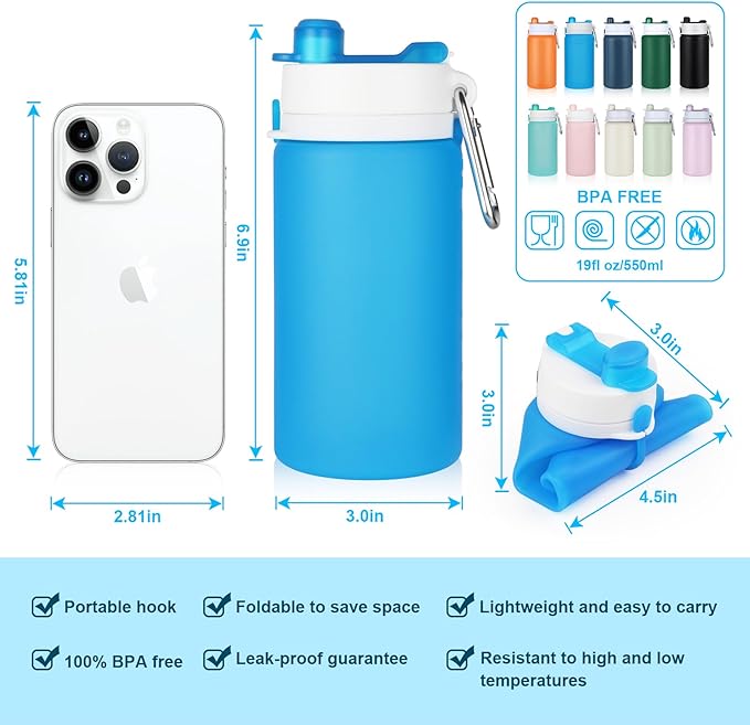 Collapsible Water Bottle, Foldable Water Bottle BPA Free Reusable Lightweight Leak-Proof Travel Silicone Water Bottle for Travel, Gym, Hiking, Office, Camping