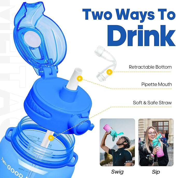 Water Bottles 1 / Half Gallon with Time Marker and Straw, Large Fitness Sports Motivational Bottle, Wide Mouth Leakproof and BPA Free for Travel, Gym,office,school