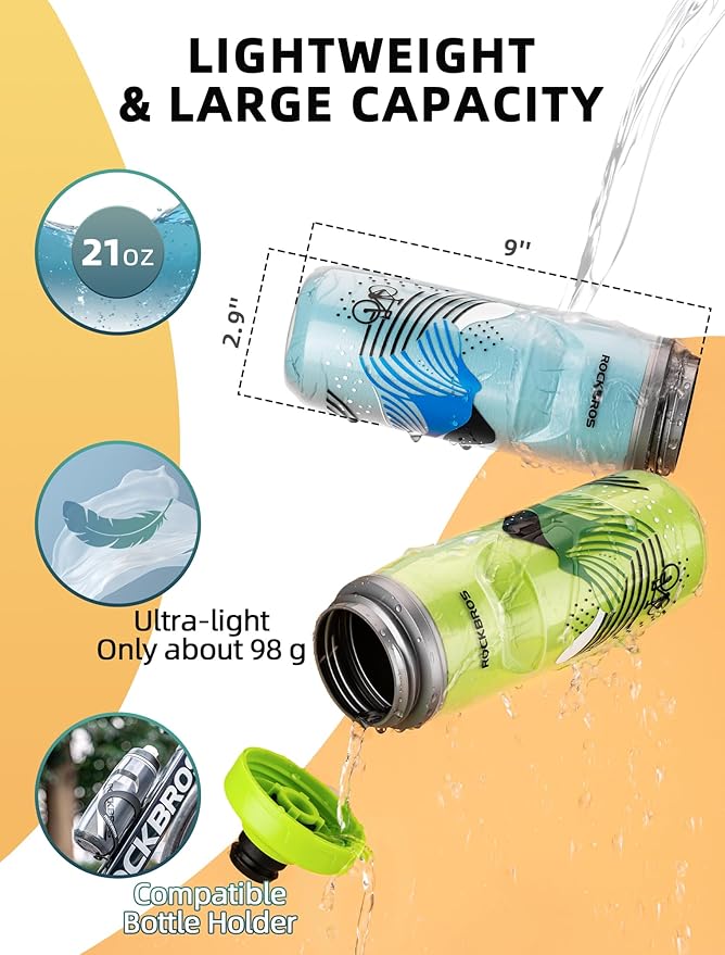 ROCKBROS Bike Water Bottle 21oz Bicycle Water Bottle for 5hrs Insulation Sports Squeeze Water Bottle with Leakproof Design