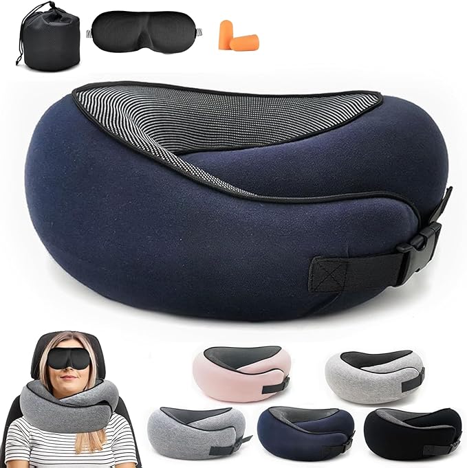 2024 Memory Foam Neck Pillow 360 Degree Neck Support Travel Pillows for Airplanes and Long Flight Travel Neck Pillow (Navy Blue-with Strap)