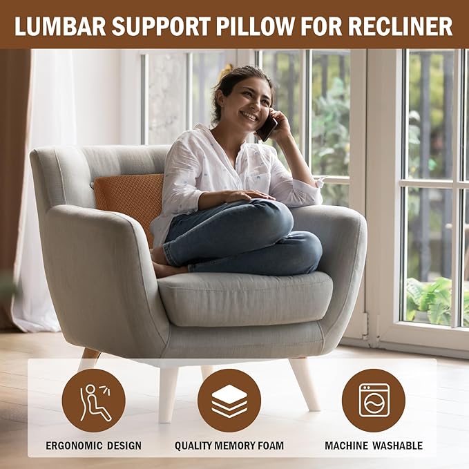 MABOZOO Memory Foam Back Support Cushion for Recliner Chair,Lumbar Support Pillow for Elderly,Extra Large Lumbar Support Pillow with Extension Straps,Coffee