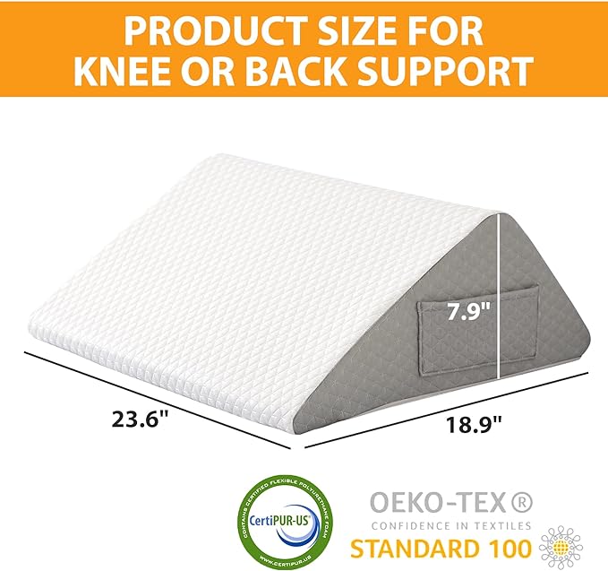 Knee Wedge Pillow, 8"Wedge Pillow for Knee Pain Relief, Premium Memory Foam Knee Pillow for Back Sleeping, Triangle Wedge Pillow for Leg Elevation, Back Pain, Sciatica, Hip Support, White/Grey