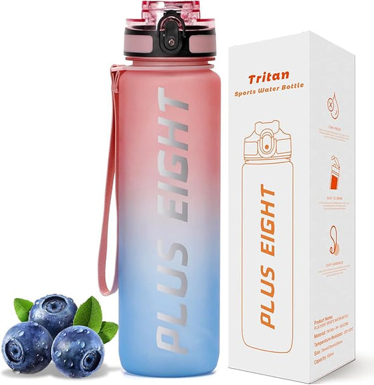 Sports Water Bottle, 32 oz Motivational Water Bottles with Time Marker to Drink, Leak-Proof Tritan BPA-Free with Carrying Strap for Women Men Gym Fitness Outdoor (Pink Blue)